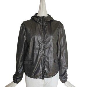 PRADA SPORT BLACK LEATHER HOODED JACKET (42)